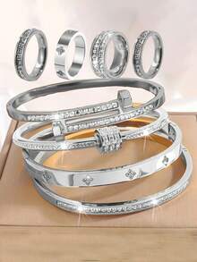 Camhanno 8/6pcs Set Elegant Multi-Color Stainless Steel Bracelet & Ring Jewelry Set, Unique Design, Ideal Fashion Accessory, Lucky Meaning, Suitable For Both Men And Women - Multicolor - View 8