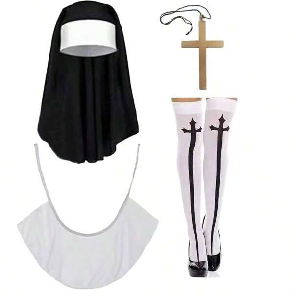 Set di 4 pezzi per costume da suora: cappello + sciarpa + collana con croce, accessori per cosplay adulti, cappello bianco da donna con colletto, ciondolo a croce dorata. Questo set multifunzionale include tutto il necessario per incarnare il look classico di una suora con un tocco moderno. Accessori per costume di Ognissanti