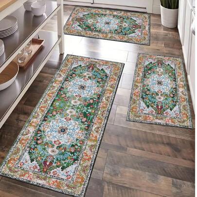 1件绿色底白色花朵波西米亚风厨房地毯，现代超柔软纤维舒适床边地毯，走廊地毯，吸水防滑农舍厨房地垫，走廊地毯，舒适站立垫，跑步垫，派对家居装饰地毯，室内入口垫，室外门垫，加厚柔软厨房地垫，防滑厨房装饰地毯