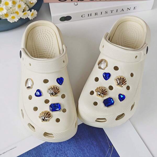 12pcs DIY Shoe Decorations Charms Set - Shiny Shells, Hearts, Geometric Rhinestones, Non-Metal Lightweight Material, Y2K Stylish Versatile Cute For Both Men And Women, Suitable For EVA Beach Shoes, Slippers, Detachable Shoe Decor, Holiday Gifts