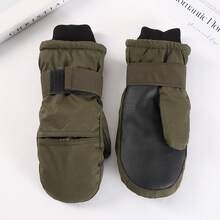 Winter Cold-Proof Mittens Skiing Mountaineering Windproof Fleece-Lined Thickened Solid Color Unisex Adult Wrist Guard - 黑色 - 查看 3