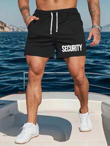 Men's Summer Print Drawstring Shorts, Loose Fit Fashion Casual Vacation Outdoor Pocket Elastic Waist Pants, Suitable For Commute, Work, Fishing, Basketball, Camping, Gym, Gift For Boyfriend/Husband - Black - View 1