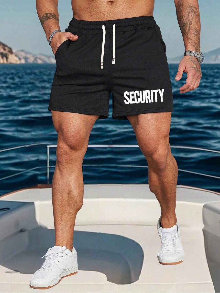 Men's Summer Print Drawstring Shorts, Loose Fit Fashion Casual Vacation Outdoor Pocket Elastic Waist Pants, Suitable For Commute, Work, Fishing, Basketball, Camping, Gym, Gift For Boyfriend/Husband - Black - View 1