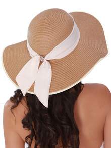 女士防晒草帽宽边UPF 50夏季帽子可折叠卷起软边沙滩帽女