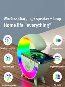 三合一无线充电器、氛围灯和蓝牙音箱，多功能，带各种 LED RGB 氛围灯，支持卡/USB、收音机 - 黑色 - 查看 6