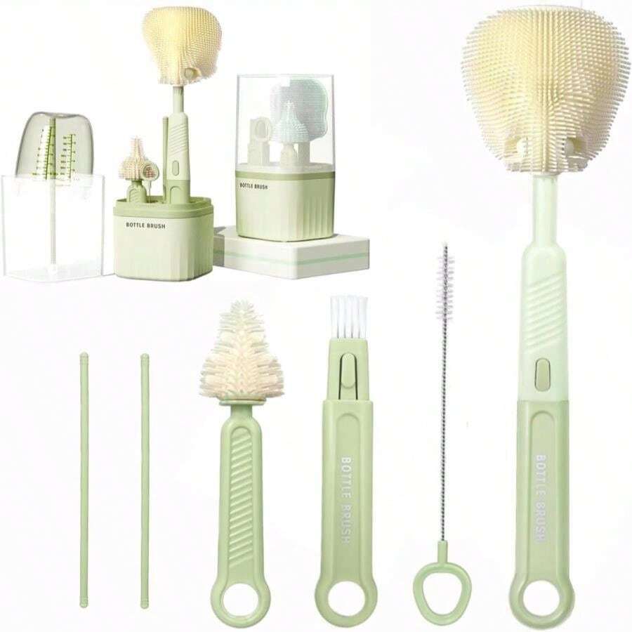 Baby Bottle Brush, 6 In 1 Portable Nursing Bottle Brush Set With Silicone Bottle Brush,Drying Drain Pole,Nipple Brush,Straw Brush And Storage Box,Ideal Gifts For Babies&Amp; Moms (Pink)