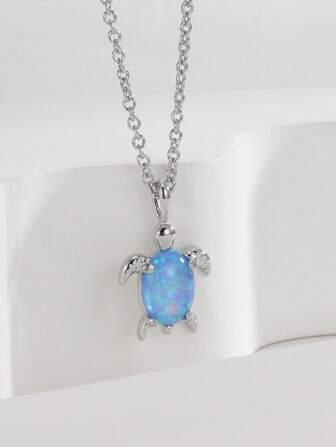 Charm-In 1ชิ้น สร้อยคอจี้ชุบเงินแท้ทองแดง มีเต่าทะเล เลียนแบบโอปอลสีน้ำเงิน