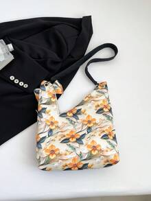 2025新款碎花拼布时尚简约休闲清新大容量单肩托特包腋下包，女士新月斜挎包，学生挎包，购物手提包 - 黑色 - 查看 10