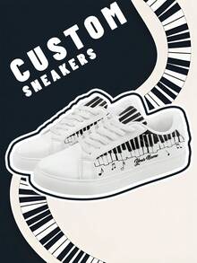 [Music Festival Theme]Women's Custom Photo And Name Lightweight Low-Top Sneakers, PU Leather Panel Shoes, Piano Keyboard Print, Unisex All-Season Casual Wear - Multicolor - View 2