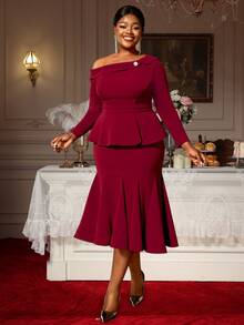 2 pièces Ensemble grande taille Top à col asymétrique manches longues Jupe sirène taille haute Costumes - Rouge foncé - Voir 2