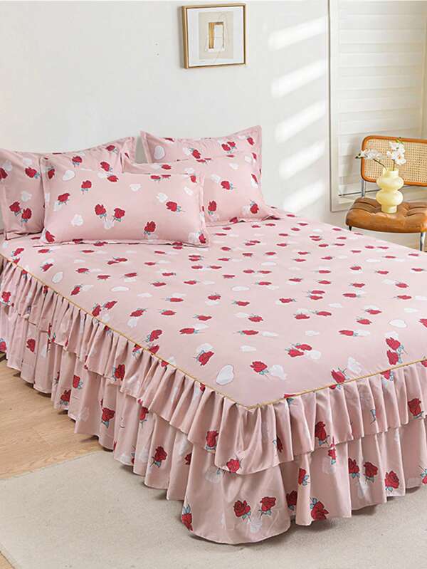 3 piezas Set de falda de cama (1 falda + 2 fundas de almohada), detalle de la falda Ruffled, tela transpirable cómoda, ropa de dormir decorativa para el dormitorio
