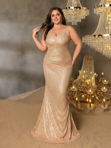 Faeriesty Robe de soirée élégante et galbée grande taille avec fines bretelles, dos noué sexy et jupe sirène flatteuse - Confectionnée pour un glamour ultime, idéale pour les galas, les bals de charité, les mariages Top de gamme, les banquets d'entreprise et les tapis rouges - Champagne - Voir 4