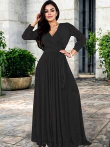 Constanza Women's Casual And Elegant Front Knot Long Sleeve Deep Neck Dress