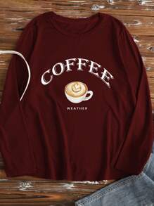 简约百搭咖啡字母图案女士圆领长袖宽松T恤，适合日常、居家、四季、毕业、教师、返校