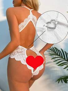Sexy Lingerie Accessories Floral Lace Scallop Decoration Teddy Bear, Deep Neck Hanging, Exposed Back, Exposed Crotch Jumpsuit, Women's Sexy Clothing (All Sizes XL)