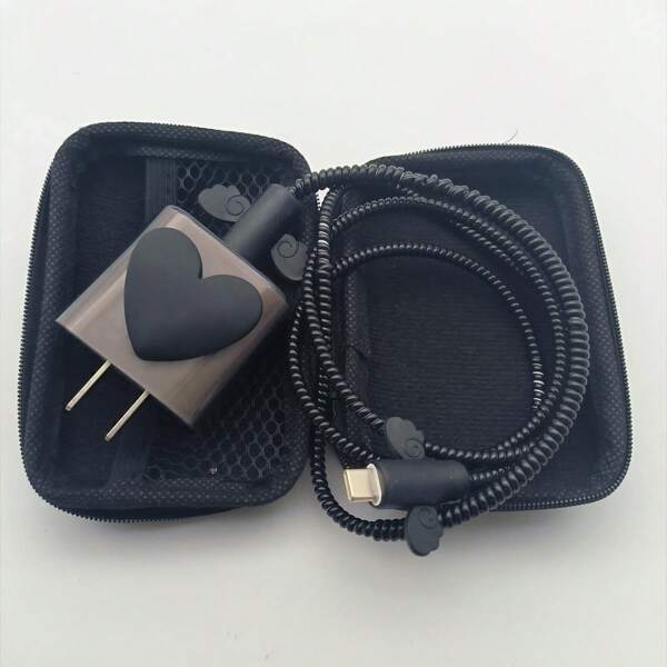 3 PiecesSet Creative Black Heart Bow Minimalist Data Cable Protector, Compatible With Apple Original Charging Cable, Including Cable Protector, Charger Protector