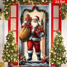 2D Door Hanging Banner, 2D Flat Banner, 1set Christmas Door Curtain Set - Polyester Santa Claus Delivering Gift Decor, Vibrant Holiday Home Entrance Banner, Multipurpose Hanging New Year Winter Party Decoration