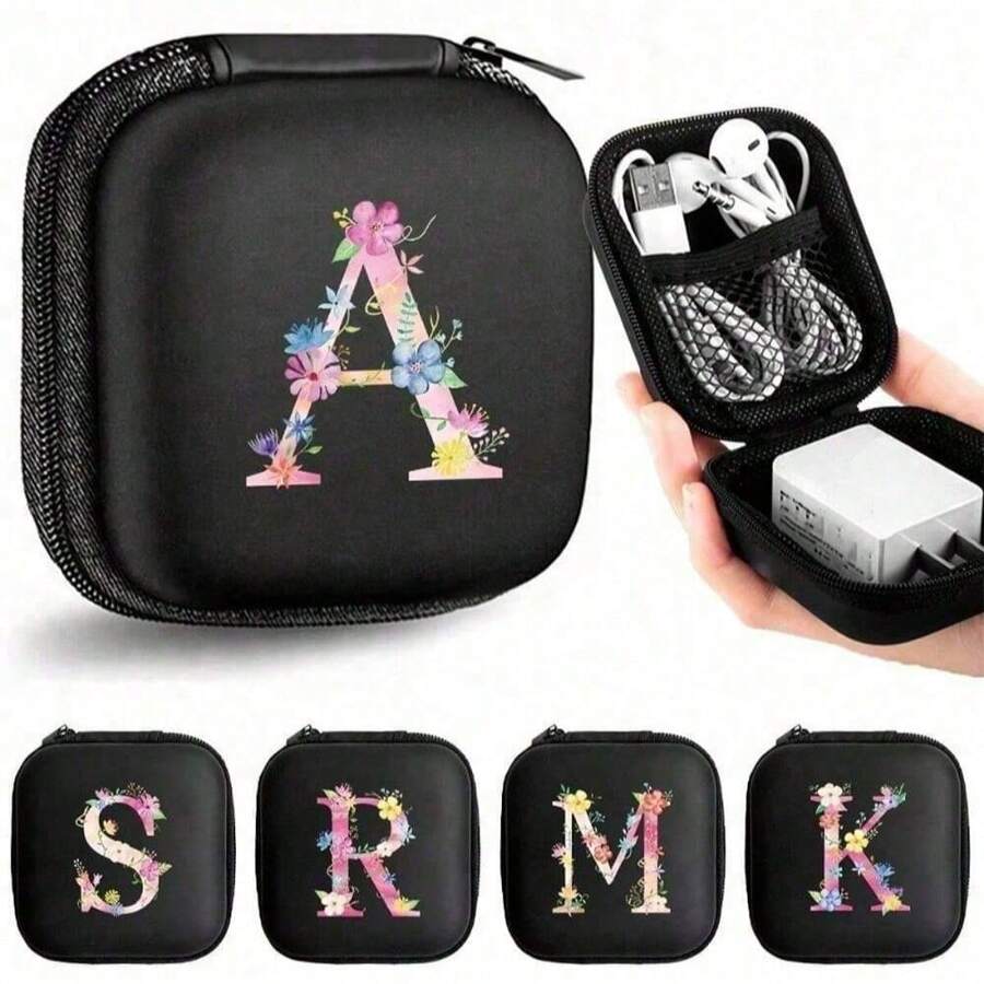 1/6 件 A-Z 字母图案便携式迷你数码收纳盒，EVA 材质旅行配件，带拉链收纳盒，适用于耳机、电缆、银行卡、身份证、充电器、移动电源、文具、硬币、珠宝 - 紧凑可重复使用的电缆管理盒、电缆收纳盒、珠宝收纳盒、俏皮设计、拉链封口 - 黑色 - 查看 1