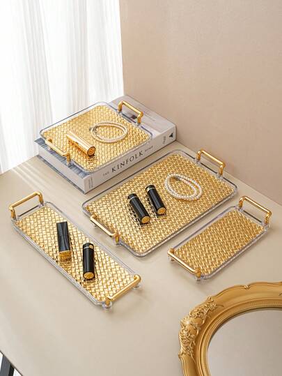 1pc Luxury Gold Woven Leather Jewelry Tray, For Holding Items, Wedding, Holiday, Christmas Gifts, Necklace, Lipstick, Ring Storage, Makeup Organizer, Back To School Season