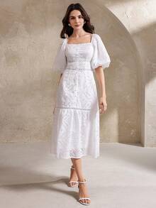 浪漫优雅度假风镂空刺绣女装连衣裙 - 白色 - 查看 4
