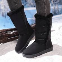 Botas de nieve negras de media pantorrilla para mujer con cubo de cuerno, botas casuales versátiles, palas de calentamiento