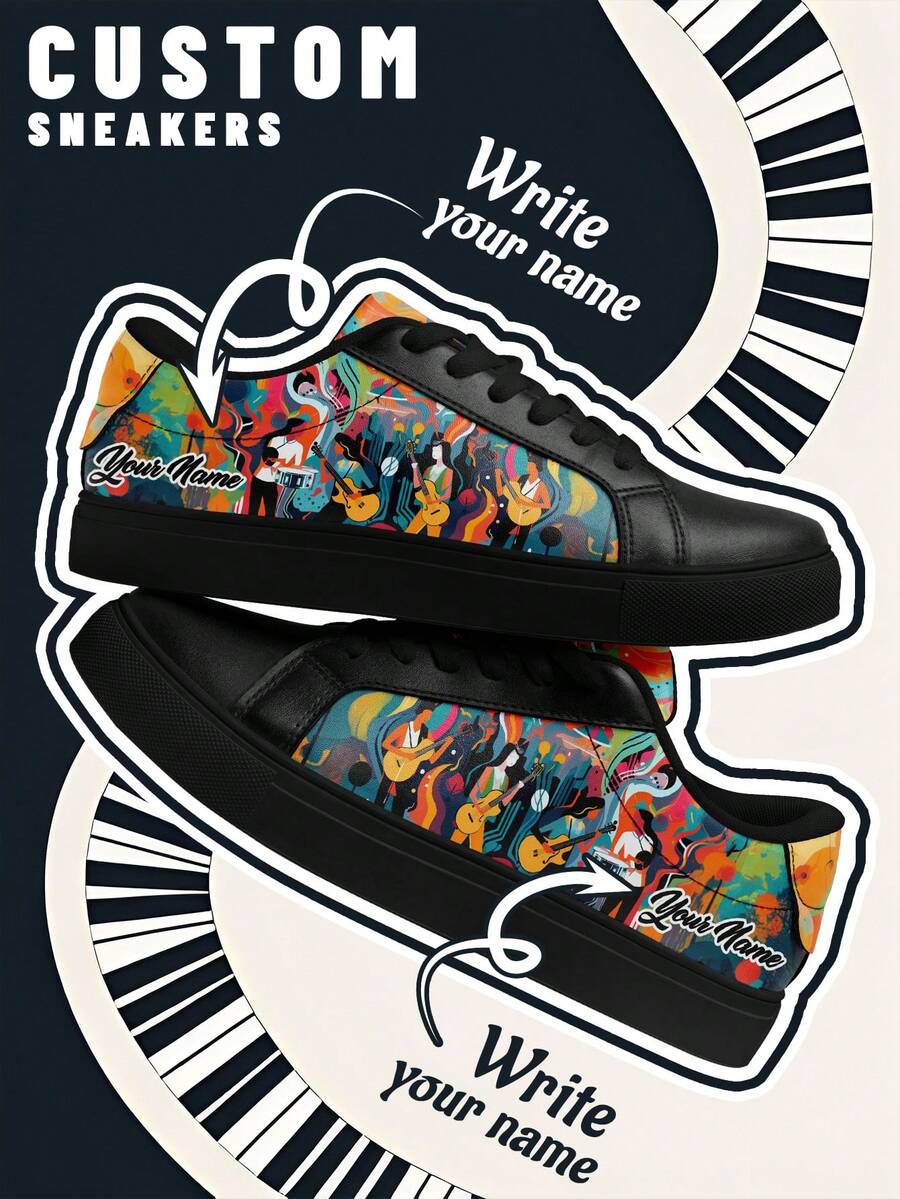 [Music Festival Theme]Men's Custom Name Lightweight Low-Top Sneakers, PU Leather Panel Shoes, Piano Keyboard Print, Unisex All-Season Casual Wear - Multicolor - View 1