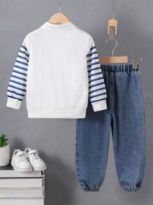 2 Piece Set Young Boy Casual Striped Print Zip Polo Shirt And Denim Pant Suit, Suitable For Sports, Daily Wear, School, Outdoor Activities In Spring And Autumn