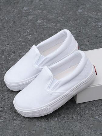 OPOEE 白色帆布鞋婴儿/幼儿小白鞋休闲运动鞋，春秋韩版简约男童/女童平底低帮系带运动鞋，经典帆布鞋时尚儿童一脚蹬乐福鞋，舞鞋