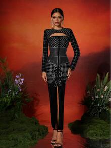 Love Aing Amor Aing 2 piezas vestido de fiesta de gala elegante y sexy con diseño de cuentas hecho a mano, vestido largo de noche maxivestido ajustado con efecto calado