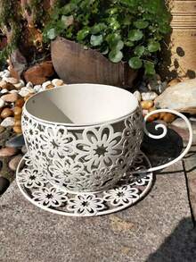 1 件乡村铁艺咖啡杯花盆 - 轻质圆形金属花盆，带装饰手柄，室内/室外花园阳台桌面装饰，适合多肉植物、花卉和植物。送给爱人、父母和朋友的完美礼物 - 彩色 - 查看 2