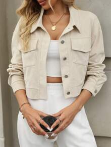 Solid Color Corduroy Pocket Button Jacket, Casual Wear