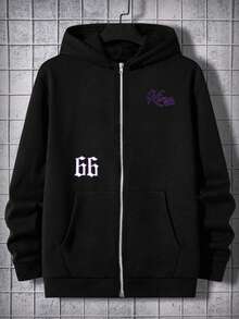 Plus Size Men's Creative 66 Number & English Letter Printed Casual Sports Commuter Hoodie Sweatshirt With Metal Zipper, Autumn/Winter