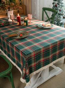 1pc Green Plaid Woven Tablecloth, Vintage American Style With Tassels, Rectangular For Dining Table, Coffee Table, TV Stand, Bedside Cabinet, Suitable For Christmas Holiday Family Gathering Party Decor, Creates Festive Atmosphere - Green - View 2