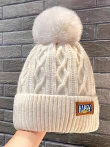 1pc Autumn Winter Thicken Knitted Beanie Hat, Women Warm Thermal Lined Ear Protection Casual Elegant Streetwear Polyester Hat With Letter, Bohemian Pattern Embroidery, Suitable For Cold Weather Halloween