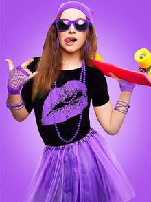 Forever & Moment 80s Outfits Costume Accessories For Women -T-Shirt, Necklace, Tutu Skirt & More For Halloween, Birthday Parties - Multicolor - View 6