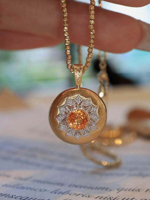 1pc S925 Sterling Silver Orange Flower Elegant Zirconia Textured Round Pendant Necklace, Versatile Vintage Style Suitable For Women, Daily Wear, Holidays, Party, Jewelry Gift