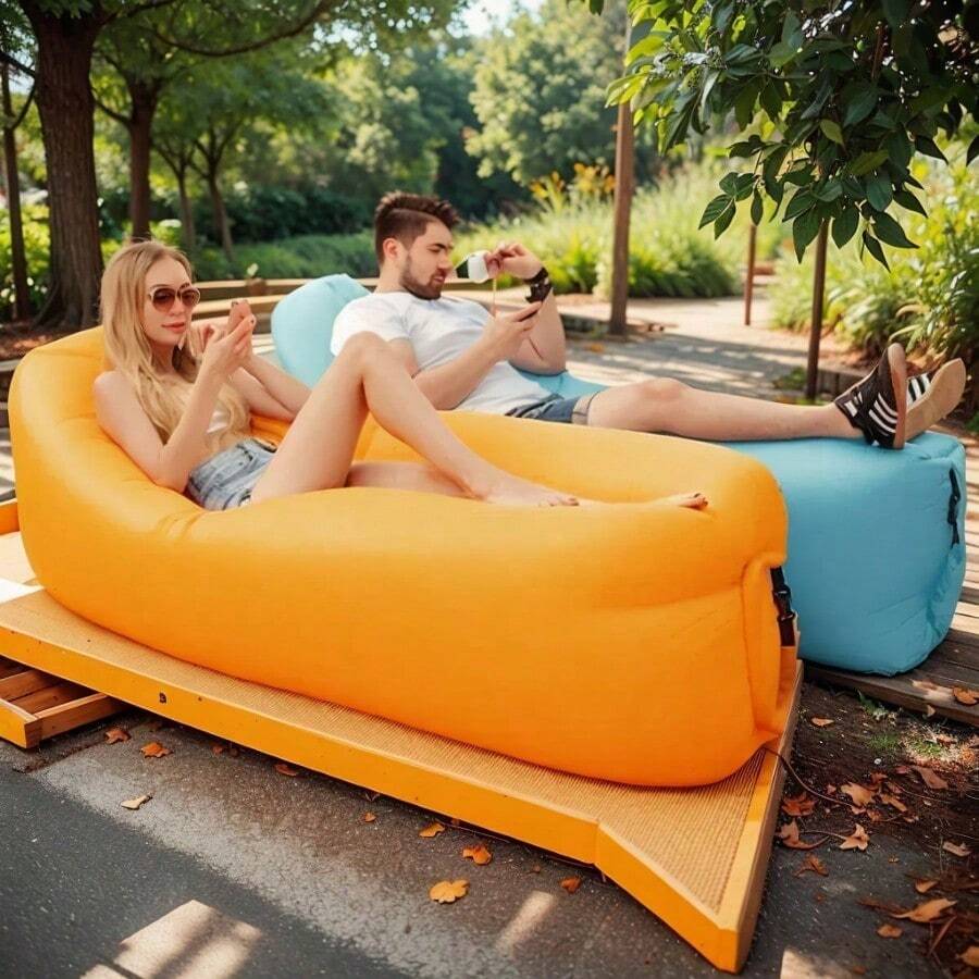 户外空气懒人充气沙发袋便携式露营沙发空气睡眠午休床垫音乐节演唱会躺椅 - 彩色 - 查看 1