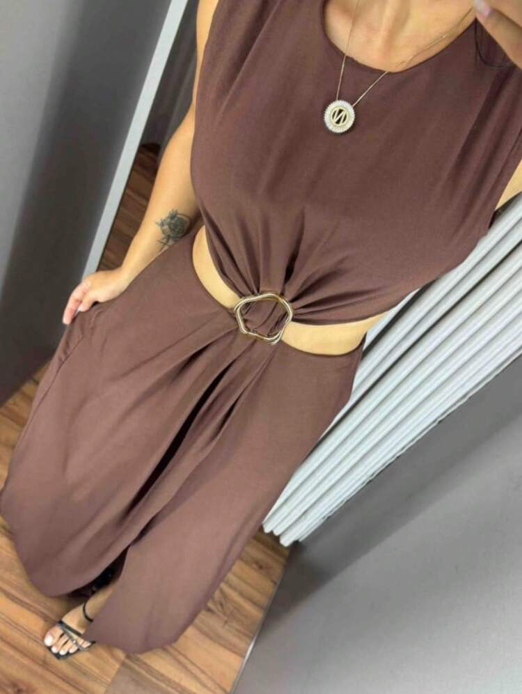 LONG DRESS WITH BUCKLE FRONT SLIT IN SENSORY FABRIC Simple Openwork / Cut Split Wedding - Rust Brown - View 2