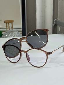 Women's Clip-On 2 In 1 Round Small Size Polarized Lens Eyeglasses Frame PZ948 - Marrón - Ver 3