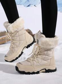 Botas de Neve de Inverno Femininas, Botas Curtas de Cano Médio com Cadarço, Botas Grossas e Quentes de Inverno com Forro de Lã, Botas para Caminhada, Sapatos de Cano Alto, Botas Femininas de Sola Grossa