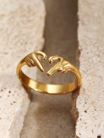 1 件复古创意双心形不锈钢开口戒指，适合女士日常佩戴