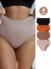 4pcs Women High Waist Shorts/Briefs, Solid Color, Comfortable, Slimming, Tummy Control Shapewear - Multicolor - View 1