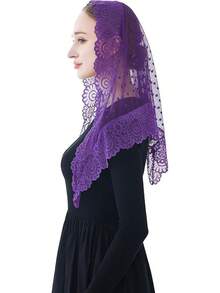 Wgior Triangle Vintage Inspired Lace Chapel Veils Catholic Mass Head Covering Scarf Mantilla Veils For Churchhalloween - 深紫色 - 查看 3