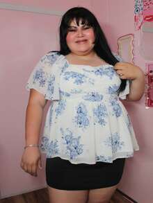 Enliva 女式加大码波西米亚风度假雪纺蓝色花卉印花褶皱荷叶边短袖衬衫，适合夏季 - 藍白色 - 查看 8