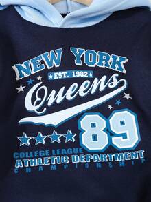 2pcs Young BoyCasual Sports "NEW YORK" Print Hooded Sweatshirt + Pants Set, Autumn/Winter - Navy Blue - View 4