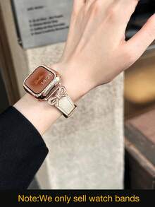 1pc Women's Beige Leather Bow Crystal Strap Suitable For 38/40/41/44/45/49/42/46mm Series 11/SE3/Ultra3/Ultra/SE/SE2/10/9/8/7/6/5/4/3/2/1 - Beige Rose Gold Buckle - View 3