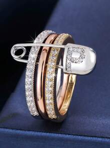 1 pezzo Anello da donna unico con design a 3 anelli e un singolo ago, decorato con zirconia cubica