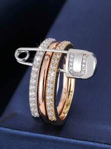 1 pezzo Anello da donna unico con design a 3 anelli e un singolo ago, decorato con zirconia cubica