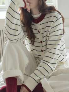 Women's Autumn/Winter Casual Striped Contrast Color Design Knit Cardigan - Beige - View 5