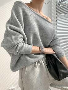 女士马海毛毛衣，露肩不对称宽松休闲上衣 - 灰色 - 查看 2